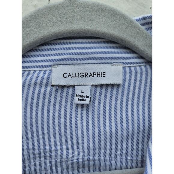 Calligraphie Anthropologie Top Large Blue White Striped Button Up Ivory Crochet - Picture 10 of 13